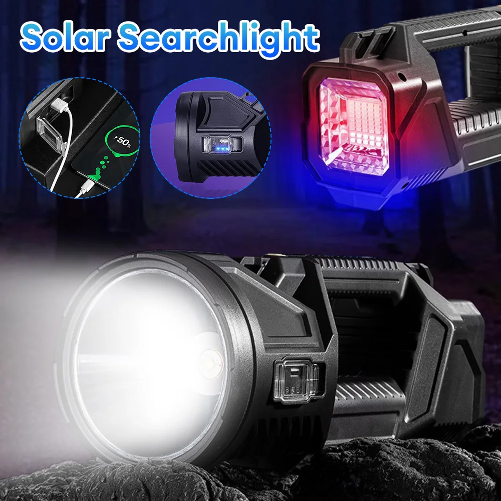 

LED Outdoor Flashlight Super Bright USB/Solar Charging Camping Lantern Multifunctional Waterproof Searchlight Working Lamp