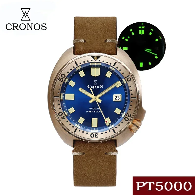 Cronos Turtle Diver orologi da uomo bronzo automatico PT5000 Movment lunetta rotante zaffiro cristallo orologio da uomo cinturino in pelle