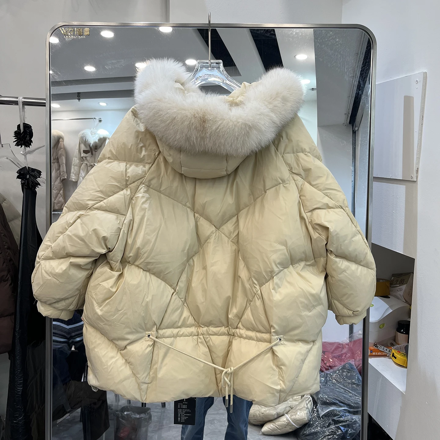 الأوروبية Sle المرأة Thiened طويلة مقنعين أسفل Jaet الفراء طوق عادية Faion ملابس خارجية دافئة منتصف طول معطف مبطّن #4