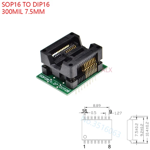 Imagen 1 del producto Soic16 Soic 16 Sop16 a Dip16 adaptador de programador enchufe ancho del cuerpo 7,5mm 300mil Ic convertidor de enchufe Chip de prueba