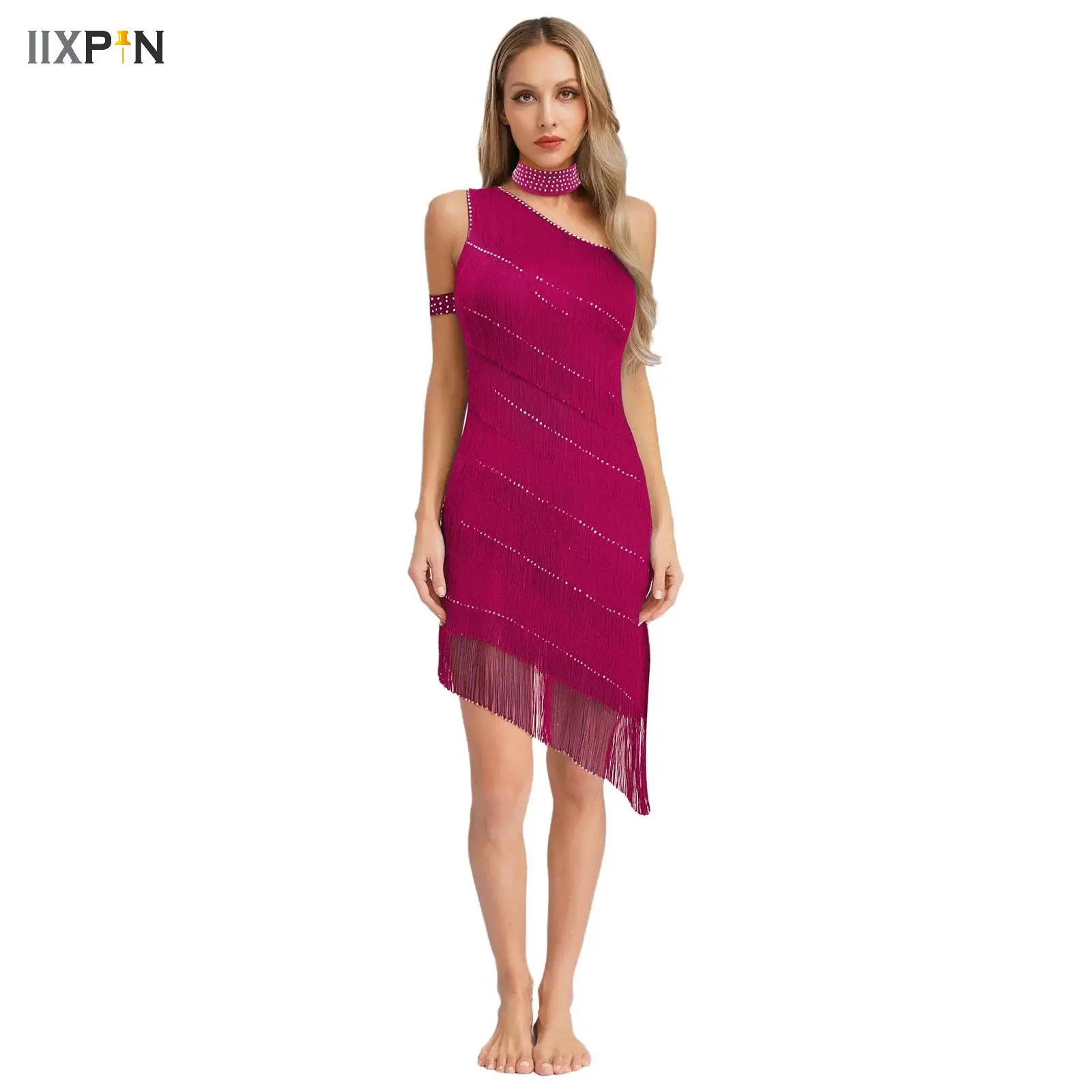 

Tassel Rhinestone Latin Dance Dress Women Sexy Ballroom Salsa Tango Cha Cha Rumba Samba Outfits Modern Competition Dancewear