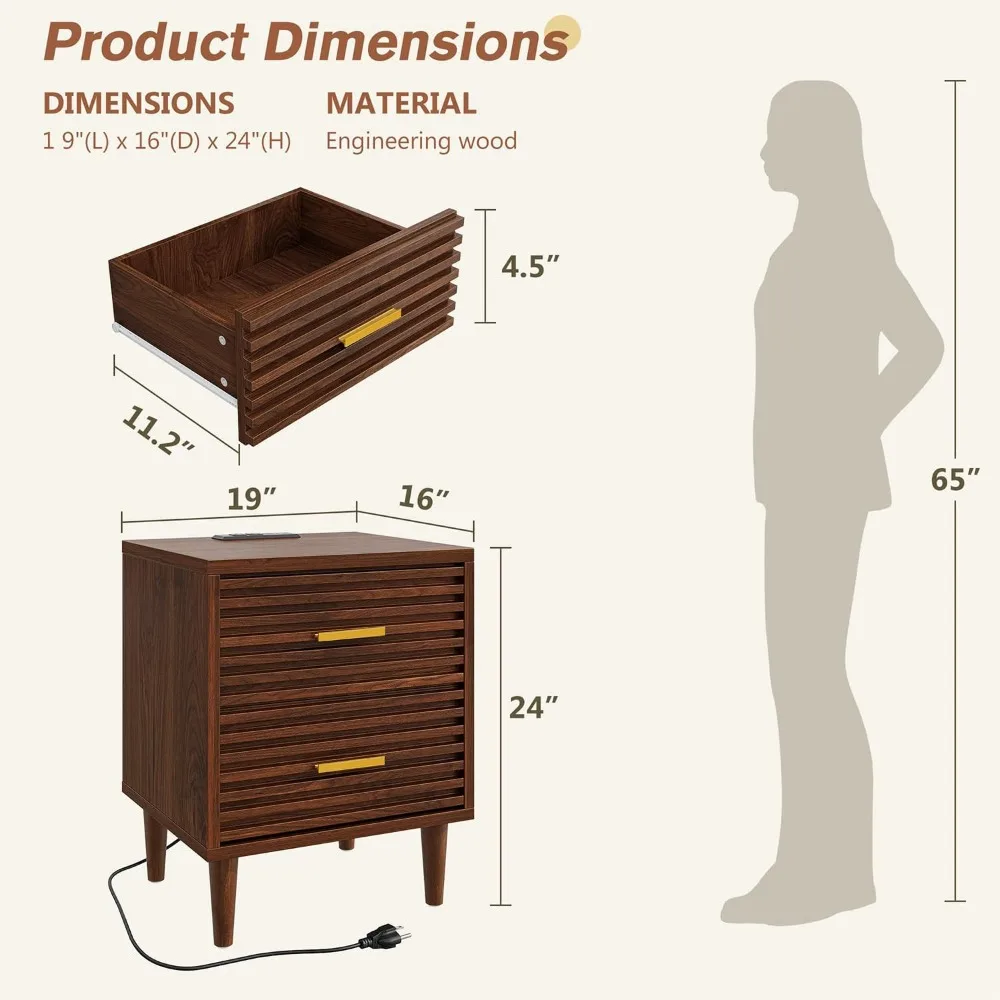 حوامل ليلية مع مجموعة محطة شحن مكونة من 2، طاولات ليلية حديثة لمنتصف القرن، طاولة بجانب السرير خشبية لغرفة النوم، طاولة نهائية مع مقاس S #2
