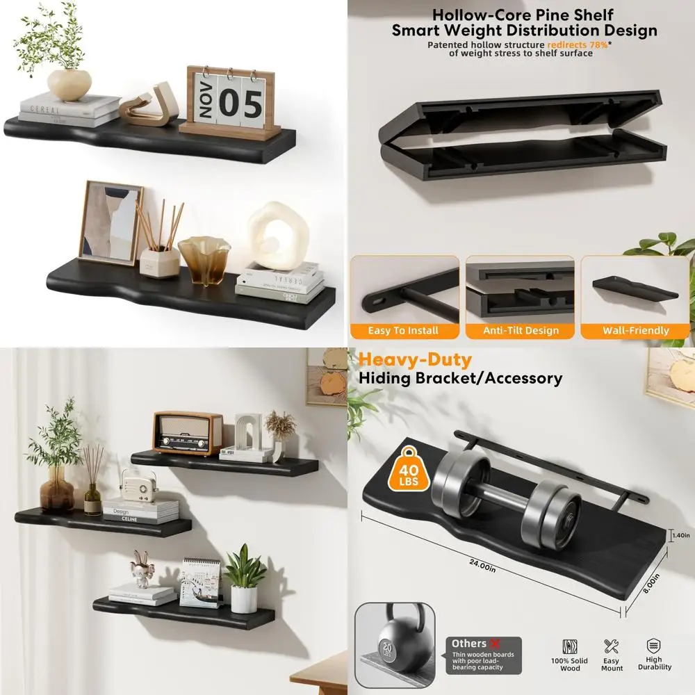 

24 Inch Rustic Floating Shelf - Live Edge Pine Wood for Bathroom, Living Room, Bedroom, or Kitchen (Black)