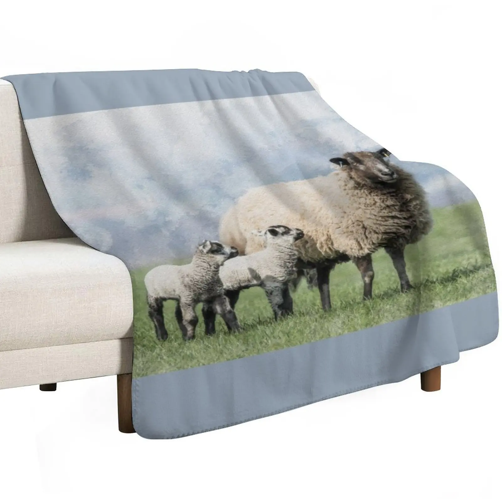 Watercolour Effect Photograph of Sheep and Twin Lambs Throw Blanket Plush Fuzzy Cozy Blanket for Couch Sofa