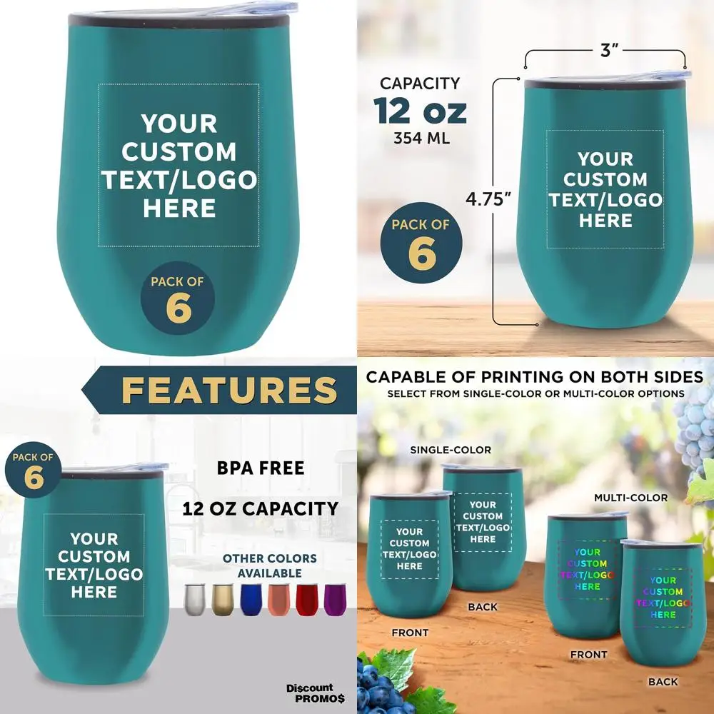 

Набор из 6 термостойких стаканов для вина без ножки, цвета бирюзы, 350 мл, персонализированные оптом, идеально подходят для напитков