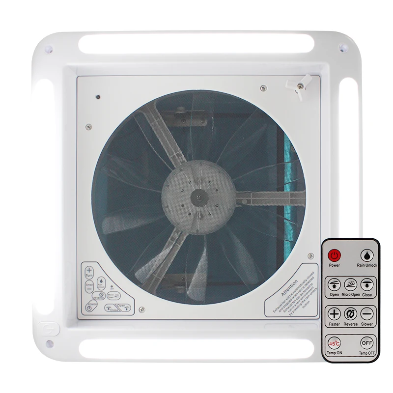 فتحة سقف RV 14 بوصة 340 مم 12 فولت RV مع ضوء صمام ثنائي باعث للضوء وجهاز تحكم عن بعد مروحة سقف للتخييم 6 سرعات
