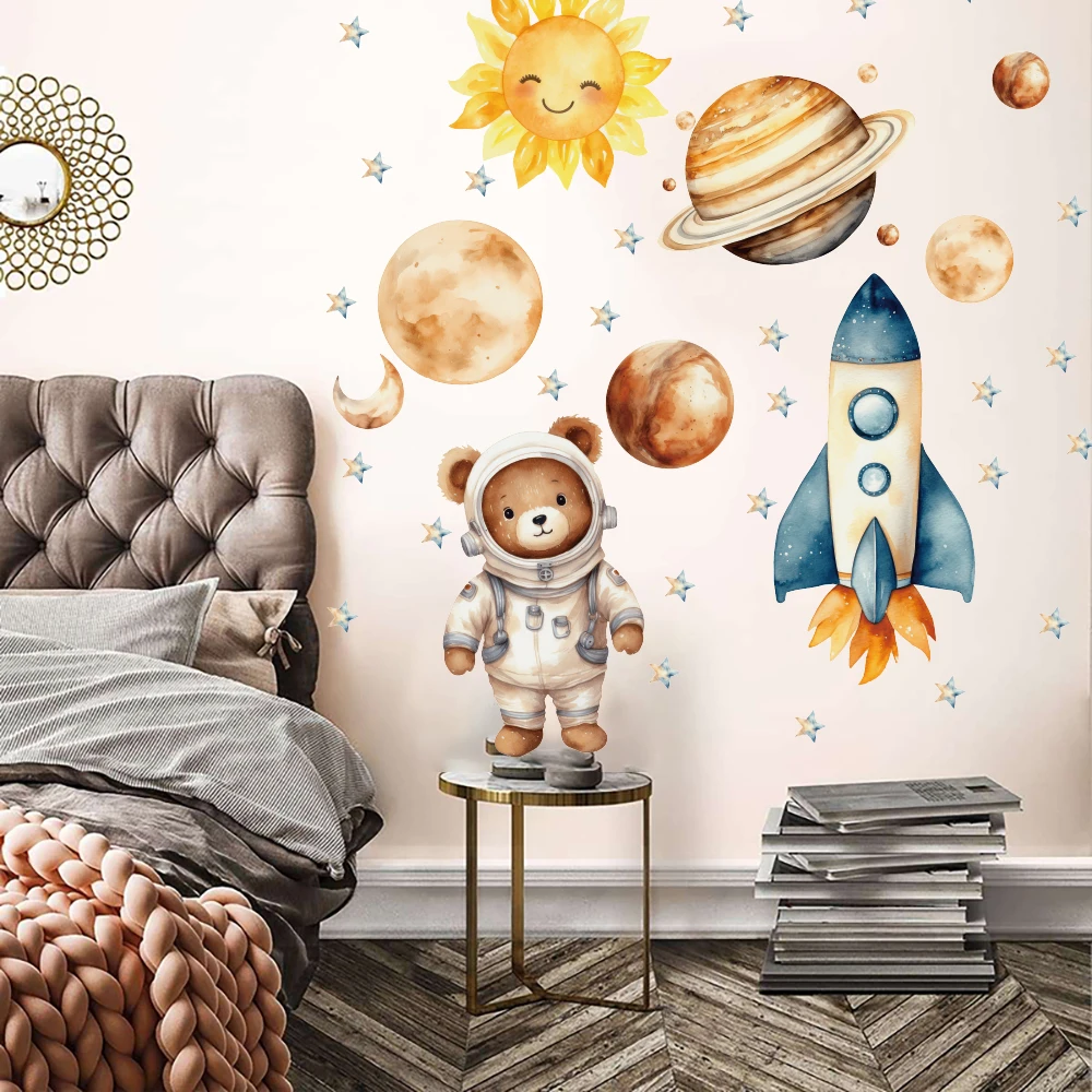 수채화 공간 행성 스타 벽 스티커 아기 보육 어린이 방 로켓 우주 비행사 벽 데칼 놀이방 홈 장식
