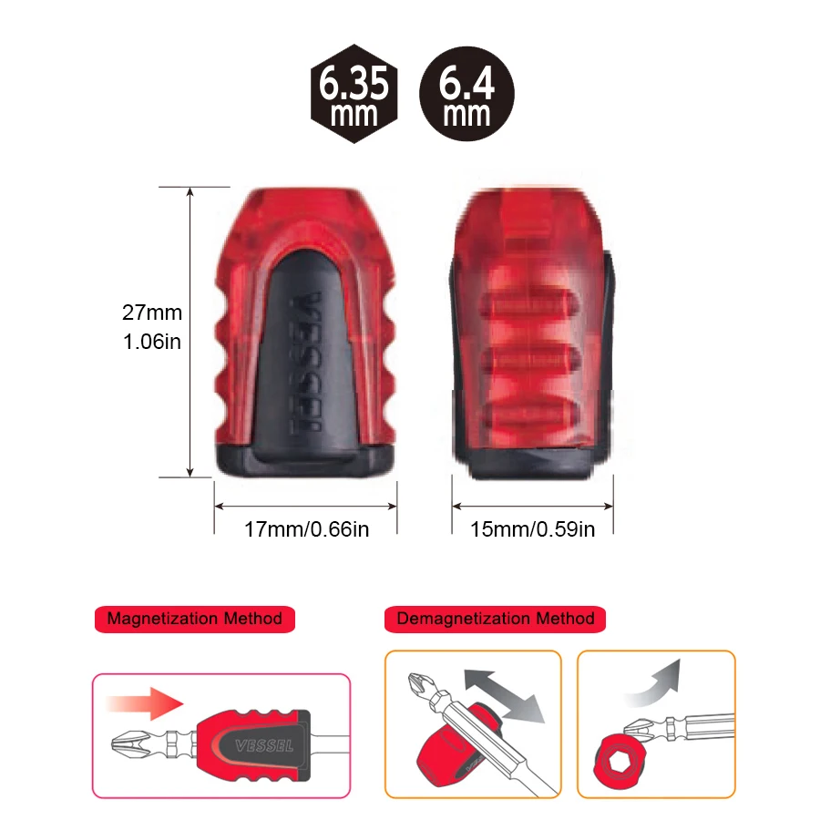 VESSEL 2 Pieces Bit Magnetizer/Demagnetizer Magnetic Screw Holder Ring Magnet Screwdriver Bit Drive Holder NMCP-2PRE/NMCP-2PGR