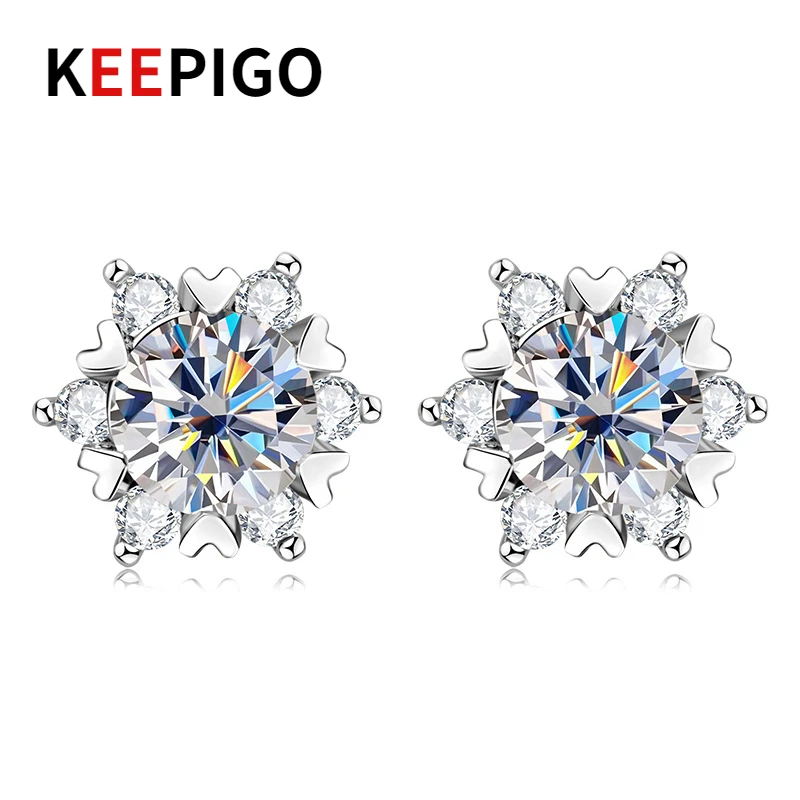 

KEEPIGO S925 Sterling Silver 0.8ct Moissanite Snowflake Stud Earrings D Color Engagement Wedding Fine Jewelry RA043