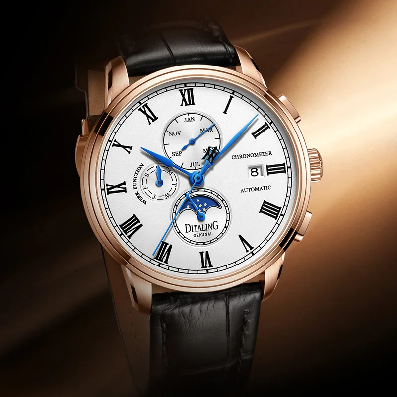 DITALING Men Automatic Watch 40mm Mechanical Wristwatch Waterproof Sapphire Mirror Multi-Dial Month Week Date