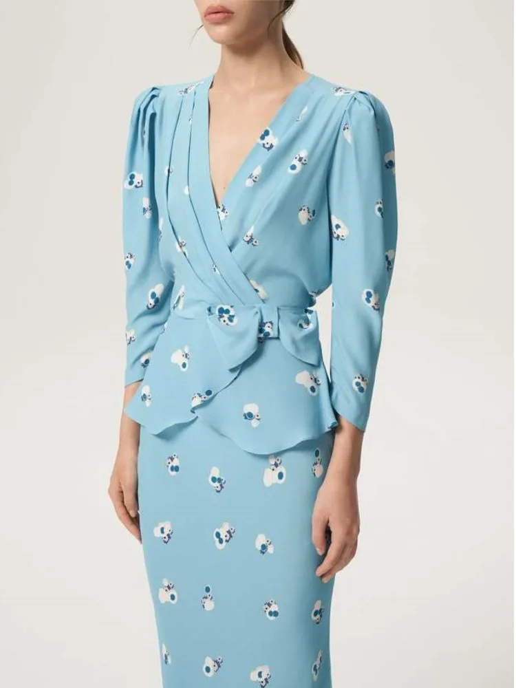 

Articat Elegant Long Sleeve Printed Bowknot Slim Two-Piece Set Women's Fashion V-Neck Top Tight Skirt Female Autumn New Clothing