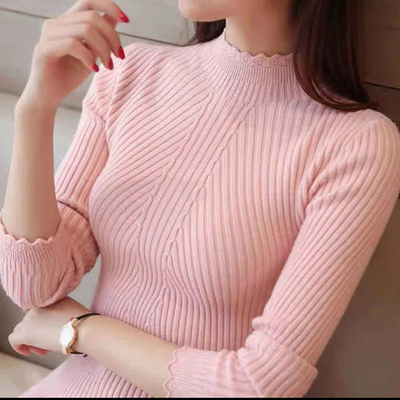 Women Ruffles Mock Neck Sweater Long Sleeve Knitted Bottoming Solid Pullovers Stripe Casual Sweater For Women 2023 Autumn Winter