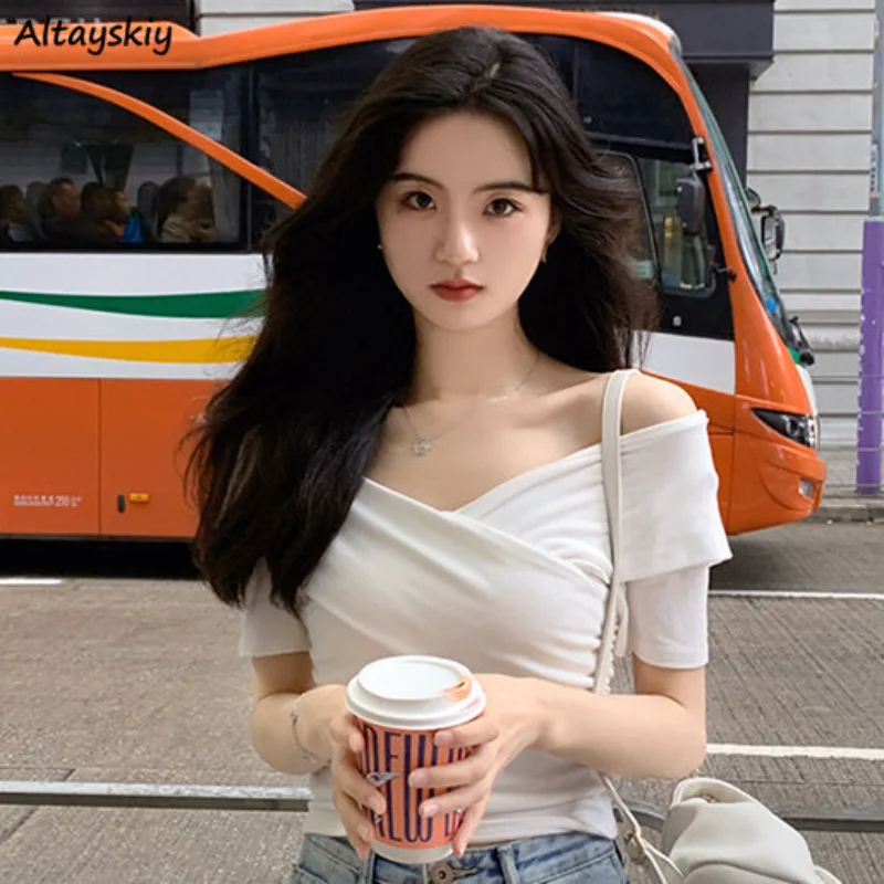 Summer T-shirts Women Pure White Elegant Basic Slim All-match High Street Basic Criss-cross Design Vintage Korean Crop Tops Tees