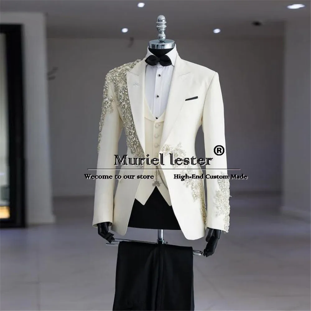 

Luxury Groom Wedding Suits Slim Fit Jewelry Ornament Tuxedo Tailored Made Formal Party Groom Blazer Traje De Hombre Elegante