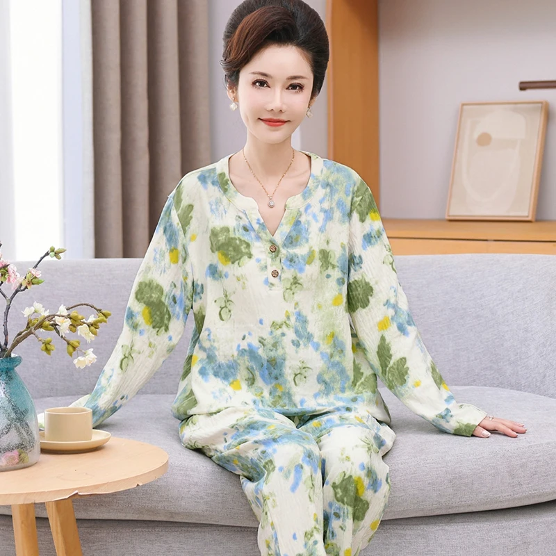 

Вязаные хлопковые женские пижамные комплекты с цветочным принтом и v-образным вырезом, женская одежда для сна, женский пижамный костюм, домашняя одежда, пижамы Femme M-3XL