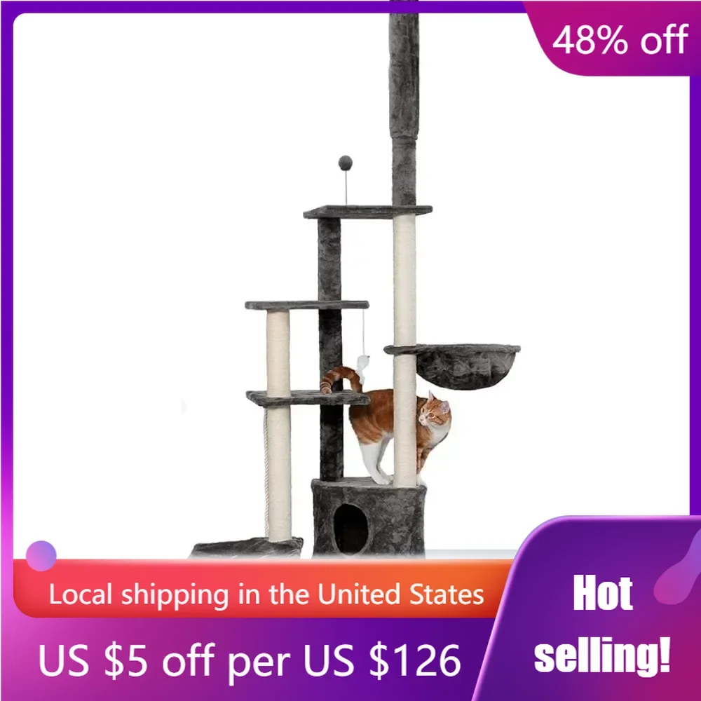 

100"-113" Tall Cat Tree for Indoor Cats W/ Adjustable Height Condo Ft. Sisal Scratching Posts One SizeFreight Free Toys