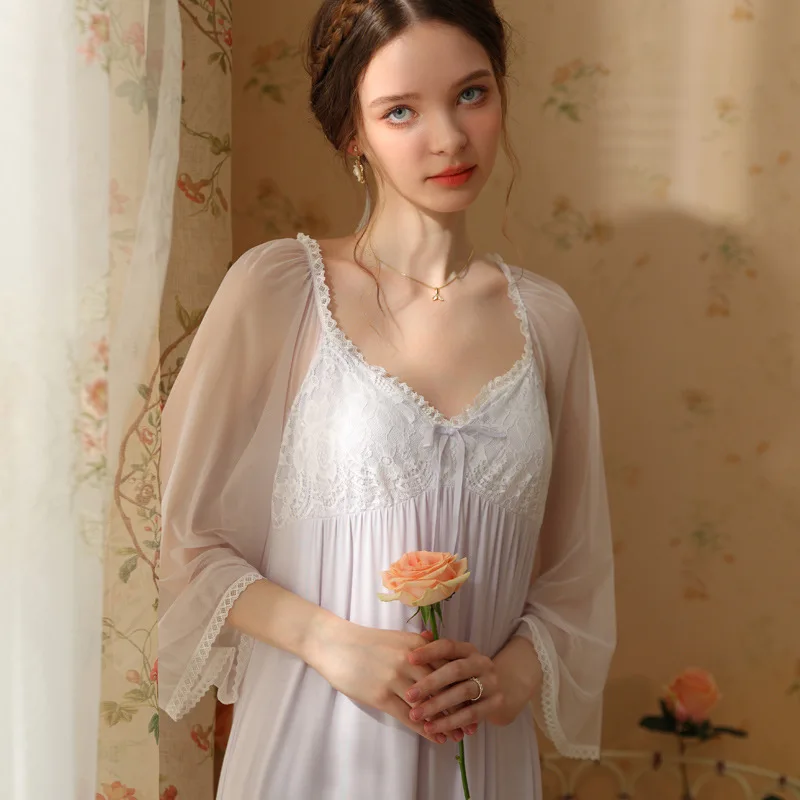 

Vintage Modal Square Collar Nighty Spring Autumn Women Sweet Mesh Nightgown Lace Long Night Dress Romantic Princess Sleepwear