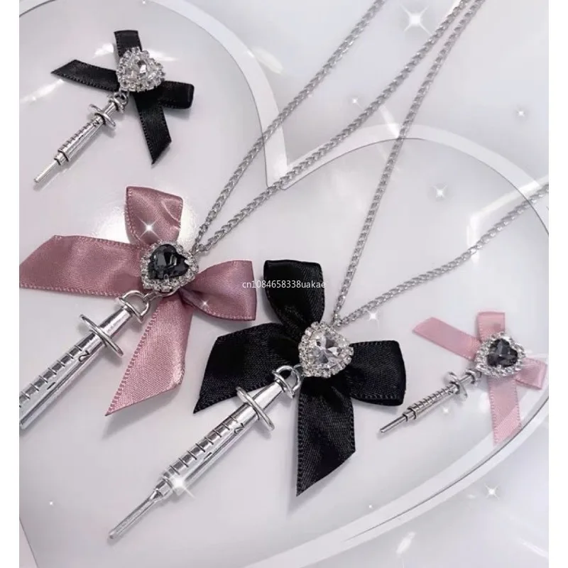 2024 New Love Heart Bowknot Metal Syringe Pendant Necklace for Women Dark Cool Trend Jewelry Gothic Fashion Accessories Y2k