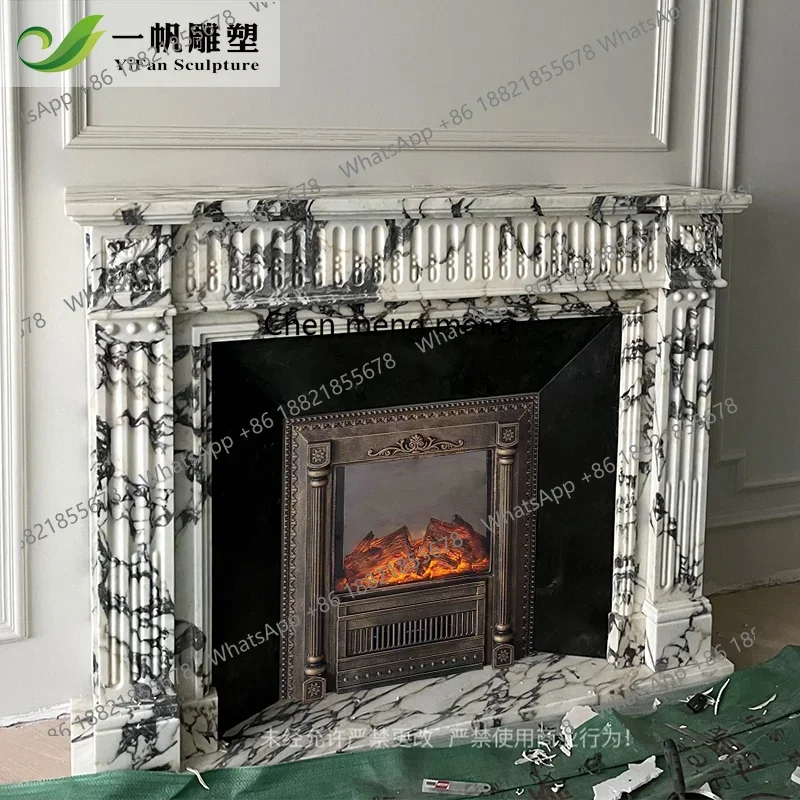 

Мраморный камин во французском стиле, большой белый камин, вход в гостиную, декоративный шкаф в американском стиле