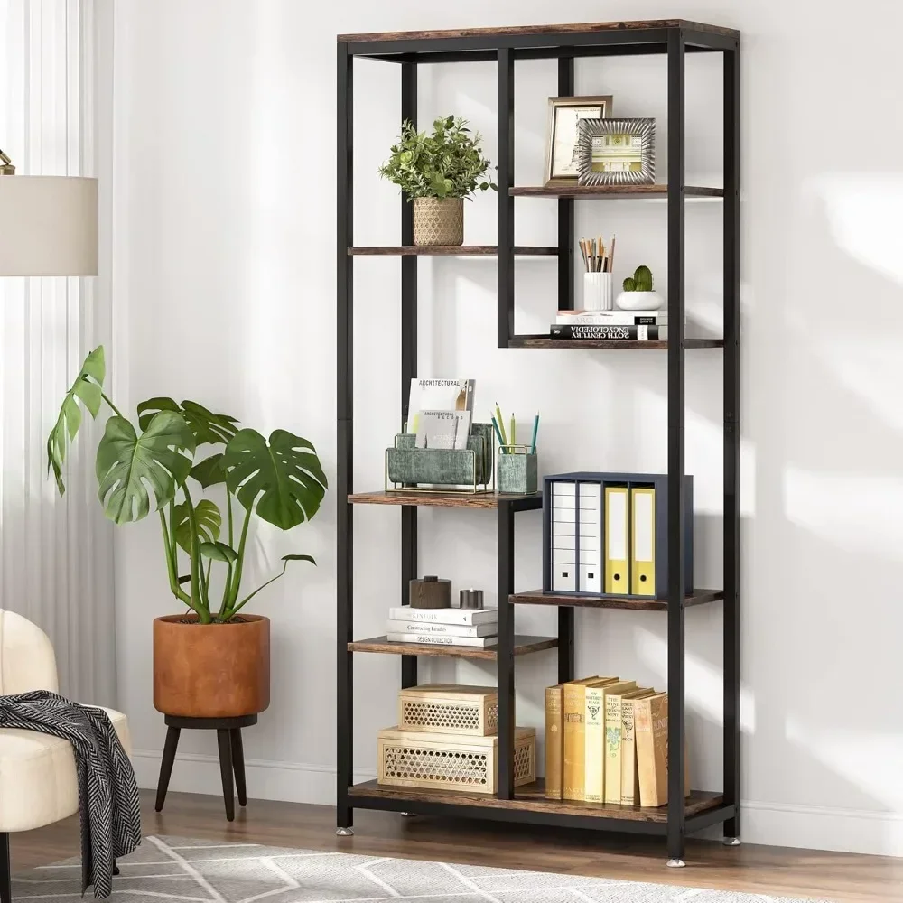 6-Tier Tall Bookshelf Bookcase, Industrial 8-Shelf Open Bookcase Storage Display Book Shelves for Living Room, Home Office