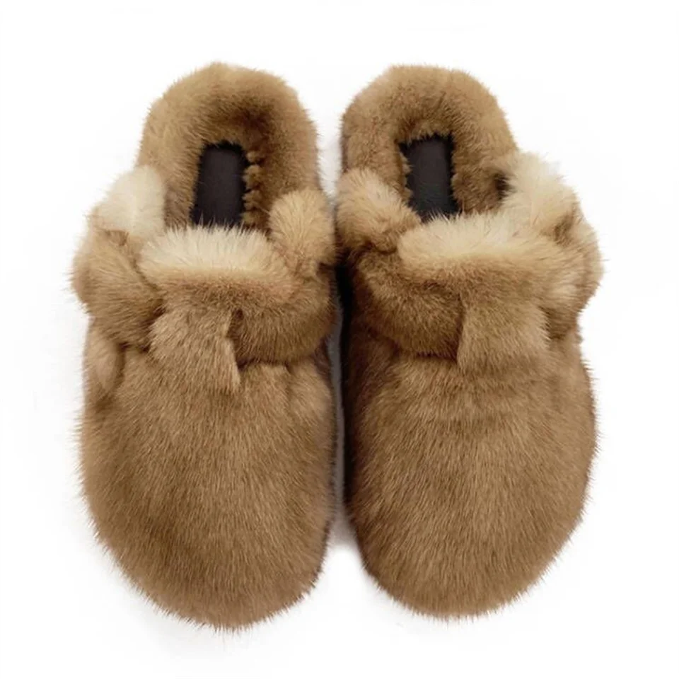 Fashion Fur Slippers Women Autumn Winter Vintage Close Toe Mules Shoes Woman Soft Sole Cork Slides Flat Outdoor Mink Slippers