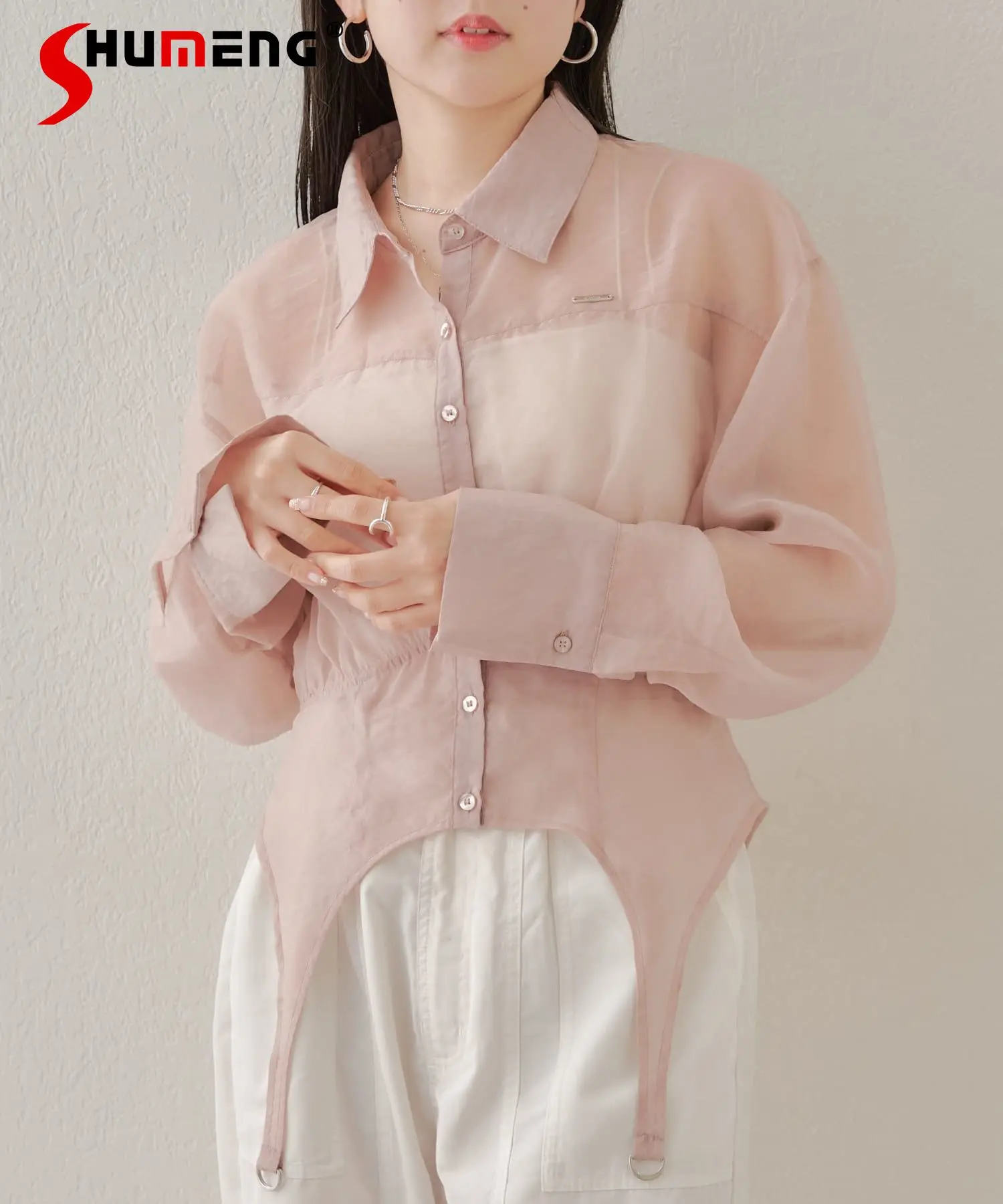 Sweet Sling Top Transparent Shirt 2024 Spring New Japanese Style Long Sleeve Single Breasted Sun Protection Shirts Female Blouse