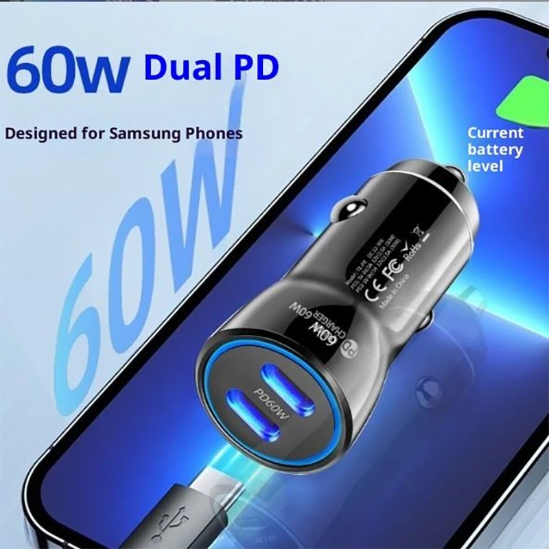 

New Cigarette Lighter Smart Car Phone Charger PD+PD Dual Port Type-C PD60W/PD40W Fast Charging Car Charger Adapter For Phone