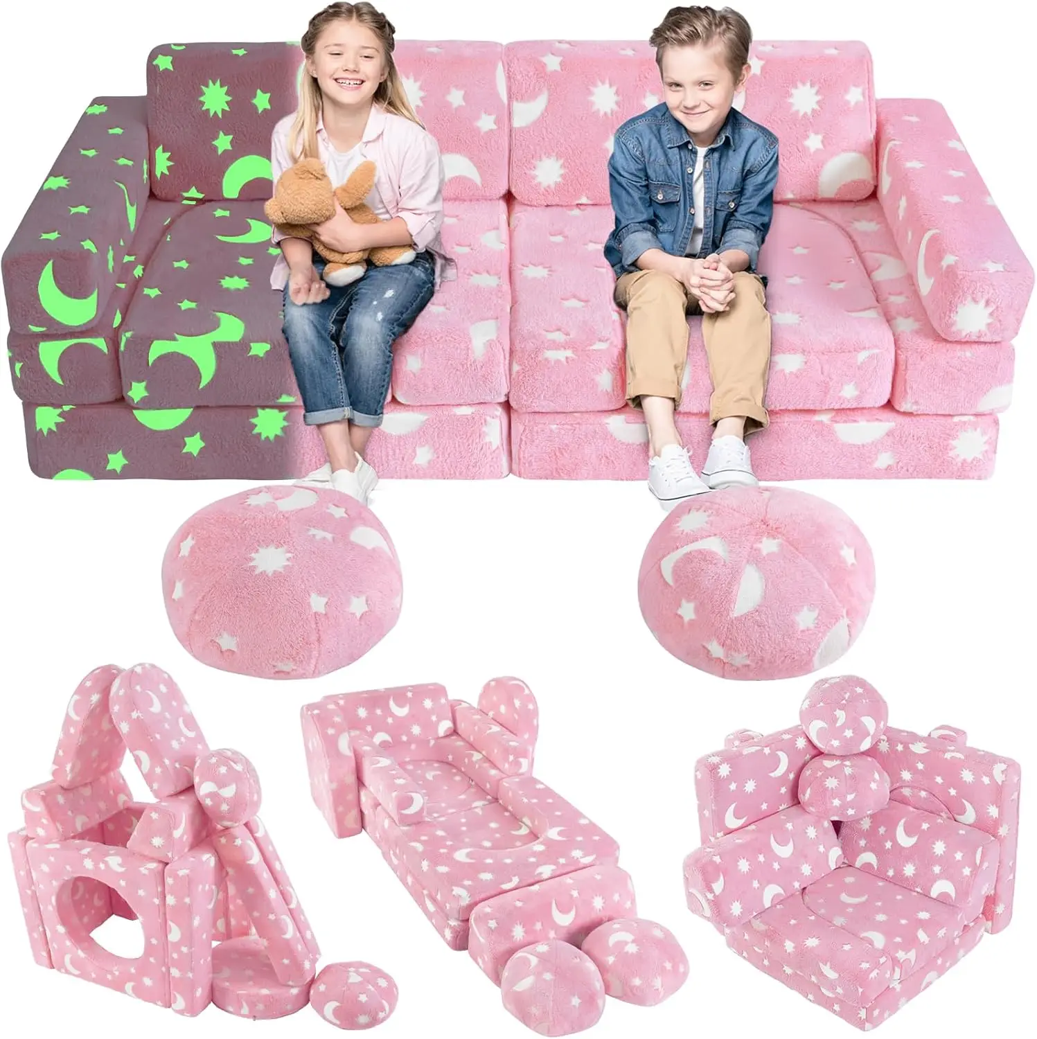 Play Couch, Foam Modular Kids Couch Sofa, Glowing Toddler Couch Convertible Baby Play Couch Children Sofa for Playroom Bedroom (