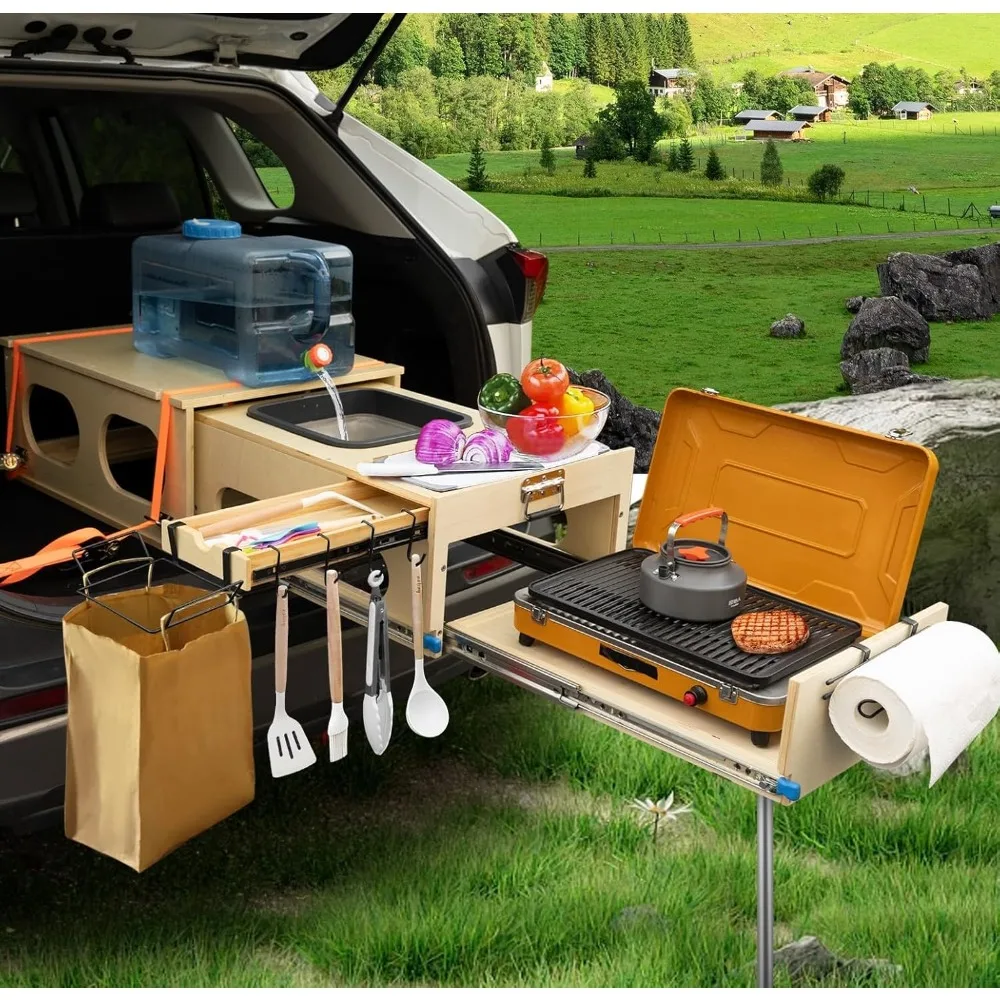 All-in-One Camp Kitchen Box with Washing, Chopping, and Cooking Features, Quick 30 Second Set Up, Camping Table