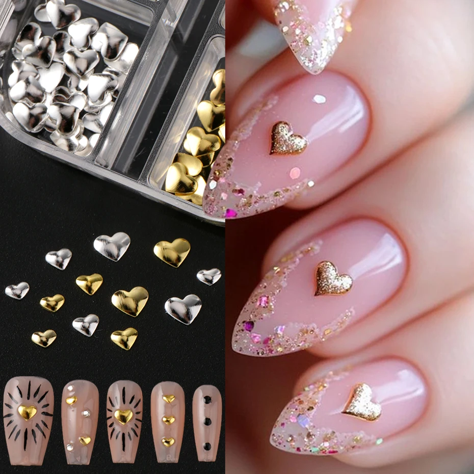 12 Grids Golden Silvery Stars Heart Nail Charms Metallic Stars Heart Sequins for Nails Suitable for Ramadan Women's Nail Decor