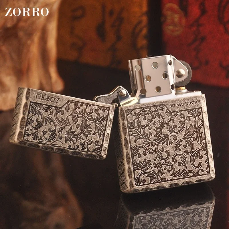 ZORRO Vintage Brass Kerosiene Windproof Lighter Ancient Silver Knurled Exquisite Engraving Pattern Men's High-end Gift Lighter