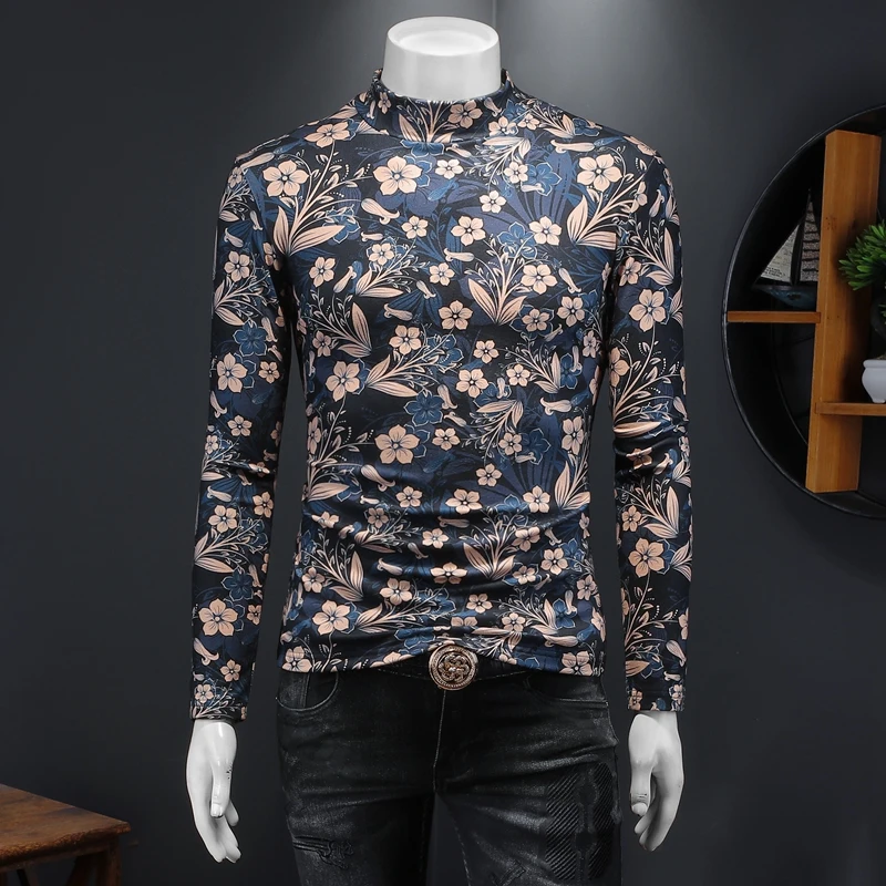 Floral Print Turtleneck T Shirt For Men Long Sleeve Velvet Silky Autumn Quality Soft Comfortable Vintage Tee Camisetas De Hombre