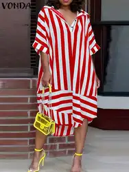 Plus Size 5XL VONDA 2024 Summer Women Long Shirt Dress Striped Printed Bohemian Sundress Lapel Half Sleeve Casual Midi Vestidos