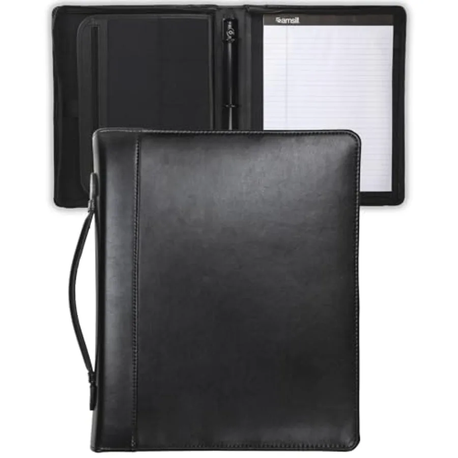 Regal Leather Padfolio Zipper 1 inch Ring Binder Carry Handle Interior 10.1 Inch Tablet Sleeve Letter Size Writing Pad Black