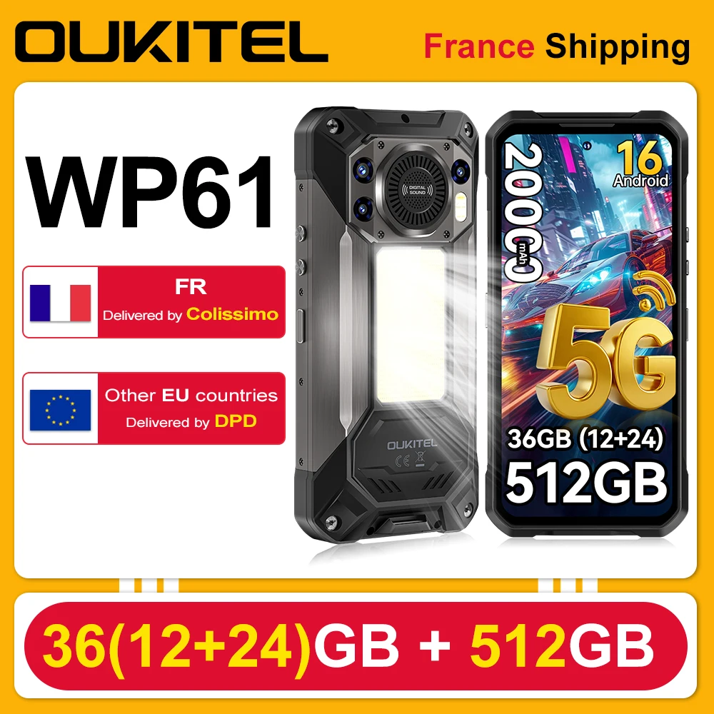 OUKITEL WP61 – wytrzymały smartfon 5G z systemem Android, 16 GB pamięci RAM, 36 GB (12 GB + 24 GB) + 512 GB pamięci wewnętrznej, bateria 20000 mAh, ładowanie 45 W, aparat 108 MP, ekran 6,78 cala, NFC,