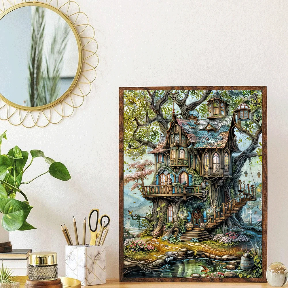 1000 قطعة من ألغاز بيت الشجرة المسحورة - عمل فني خيالي نابض بالحياة مع خضراء مفعمة وتفاصيل ملونة، بطاقة مطبوعة عالية الجودة #3