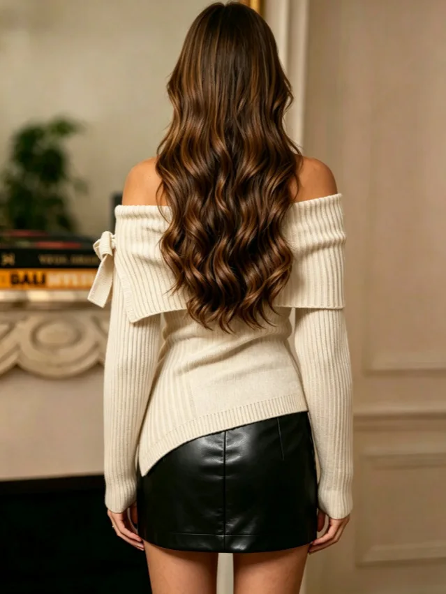 MsChuh Women's Knitted Sweaters Collection Features Large Lapel Pullover In Solid Color With A Bow Fashionable Versatile Tops 3
