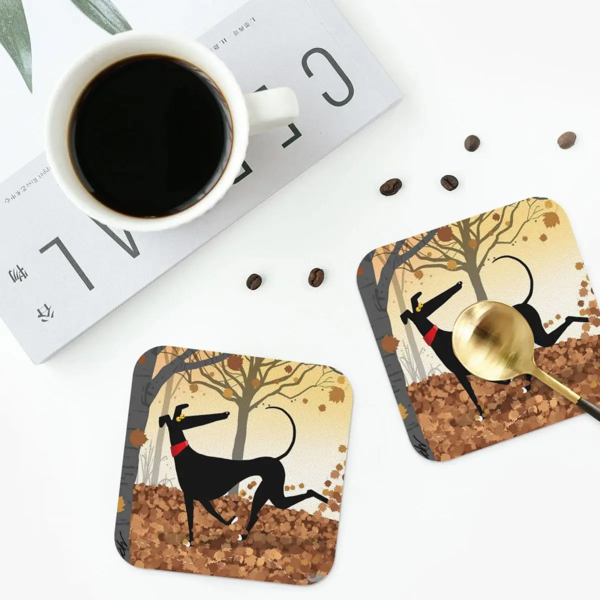 Autumn Hound Coasters PVC Leather Placemats Non-slip Insulation Coffee Mats for Decor Home Kitchen Dining Pads Set of 4