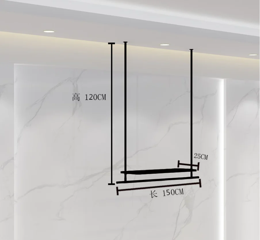 The clothes hanger on the ceiling of the clothing store is a display stand hung on the wall