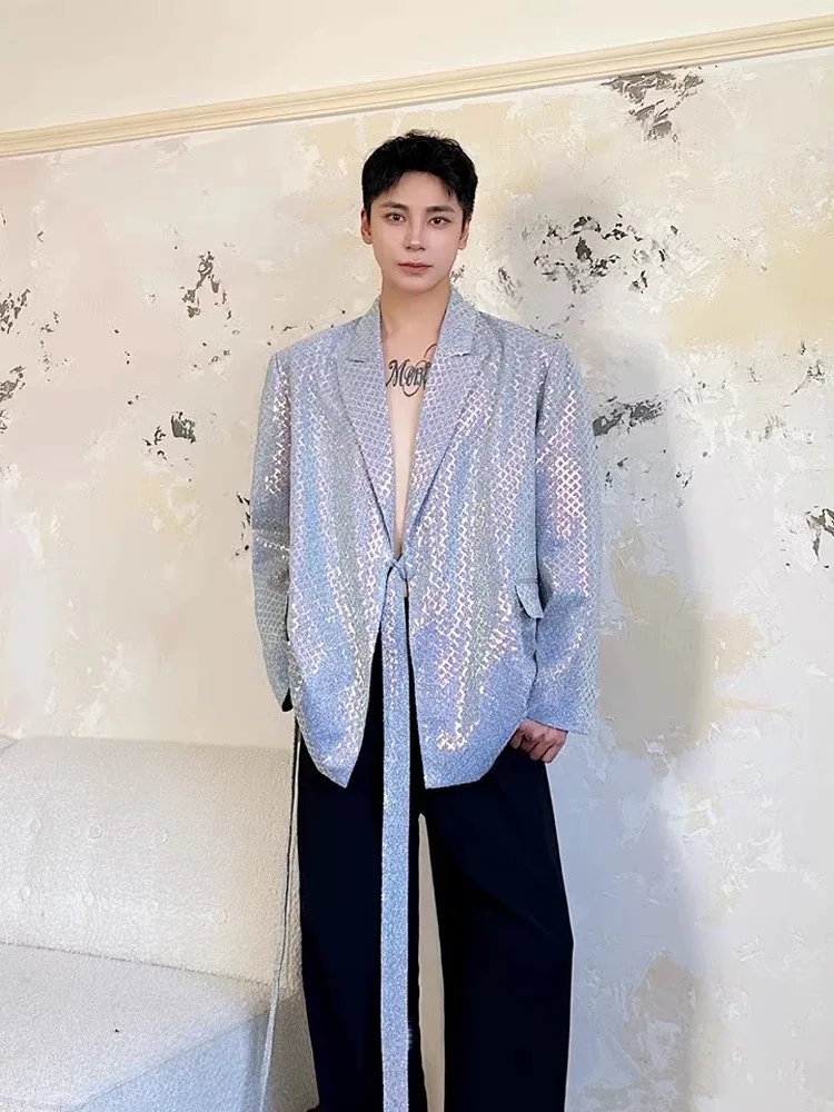 Male Sequined Belt Senior Luxury Blazer Men Party Dinner Banquets Festival Formal Coats Tops Handsome Cool Sexy Chaming Blazers