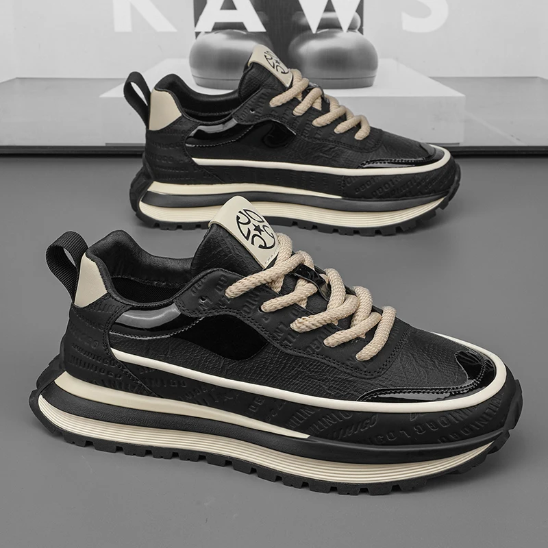 Men's Retro Platform Sneakers Leather Splicing Upper Lace‑up Non‑slip Thick Rubber Sole Lightweight Comfort Casual Daily Walking