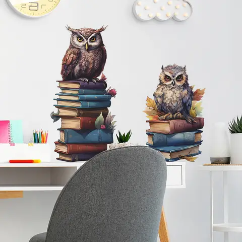 So Cute Owl on the Books Vinyl Wall Stickers Funny Home Decoration for Living Room Kids Bedroom Self Adhesive Cartoon Wallpaper
