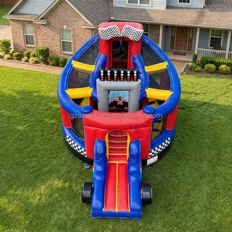 Kids Commercial Fun World Bouncer Castle Racing Theme Jumping Bouncy Castle Slide Combo Inflatable Bounce House with Blower