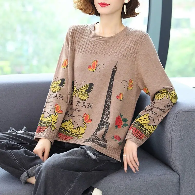 Women Korean Fashion Butterfly Print Vintage Basic Knitted Sweater Autumn Casual O Neck Long Sleeve Loose Pullover Tops Jumpers