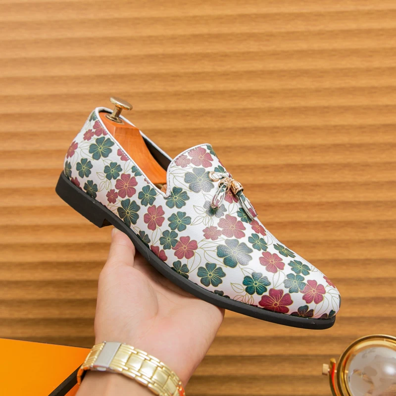 New Flower Printing Casual Leather Shoes Men Wedding And Party Men's Original Slip-On Loafers Soft Driving Shoes Plus Size 38-46