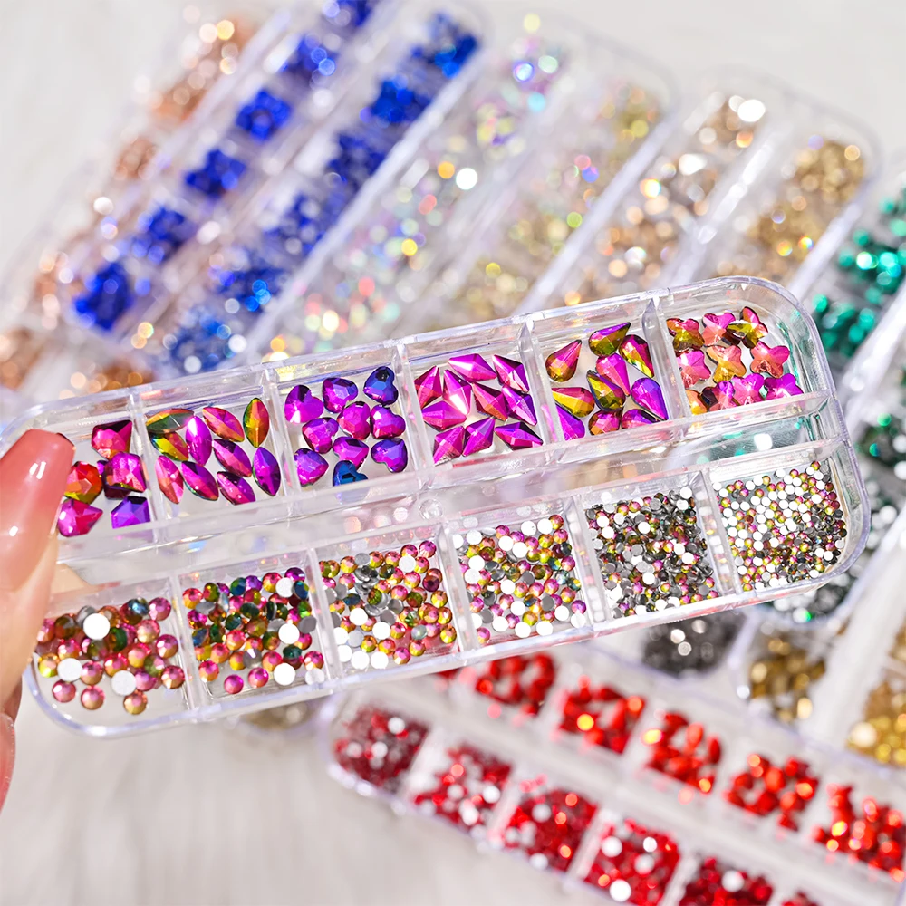 12 Girds Multi-Size Ab/Kleurrijke Hotfix Steentjes Flatback Crystal Diamond Edelstenen 3d Nail Art Glitter Strass Manicure Onderdelen