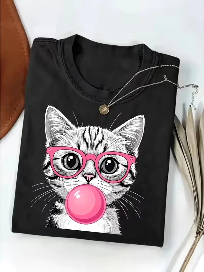 Trendy Casual Style Bubble Gum Cat Graphic TShirt Cute Kitty Wearing Glasses Print Tee Perfect for Home T Shirts Women Clothing