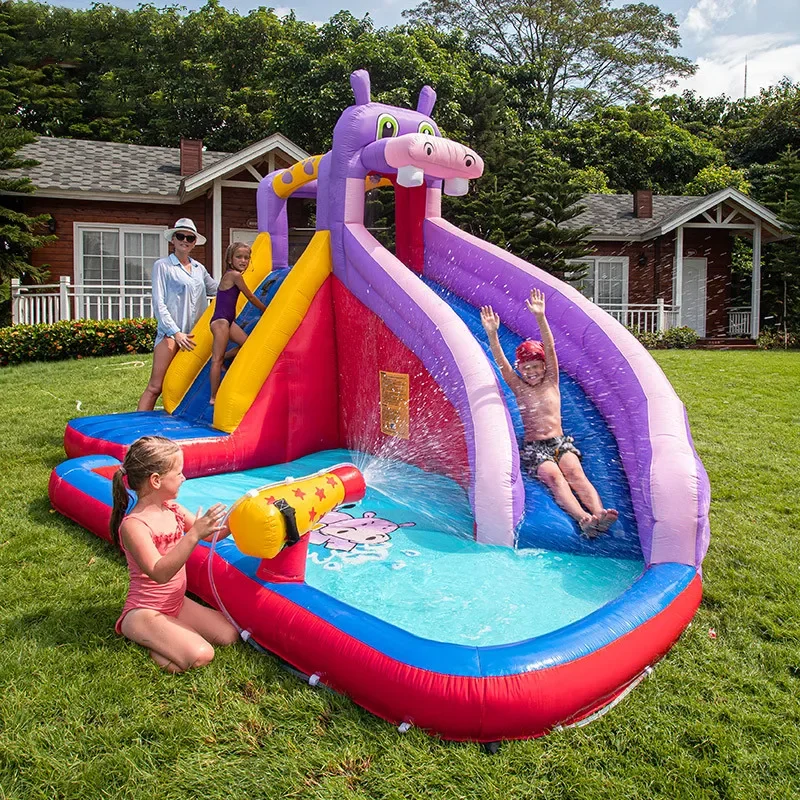 Hippo bouncy castle children's trampoline home jumping bed indoor and outdoor water spray slide rock climbing naughty castle