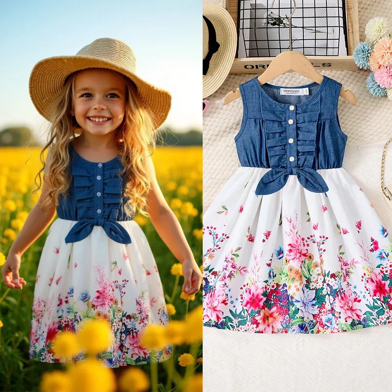 

XT8Girls Denim Print Casual Dress with Button Floral Cute Sleeveless knee-length skirt Princess Dress Formal Children's CloXT6@!