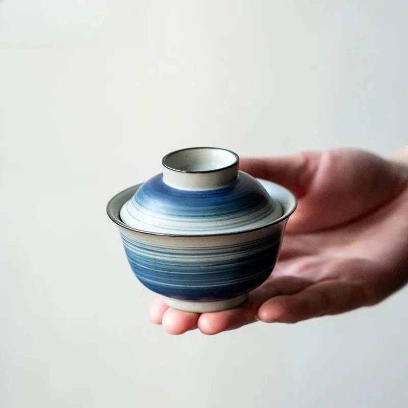 

150 мл роскошная чайная чаша ручной работы с градиентным синим узором Gaiwan с крышкой, комплект, чаша для чайной церемонии, подарок